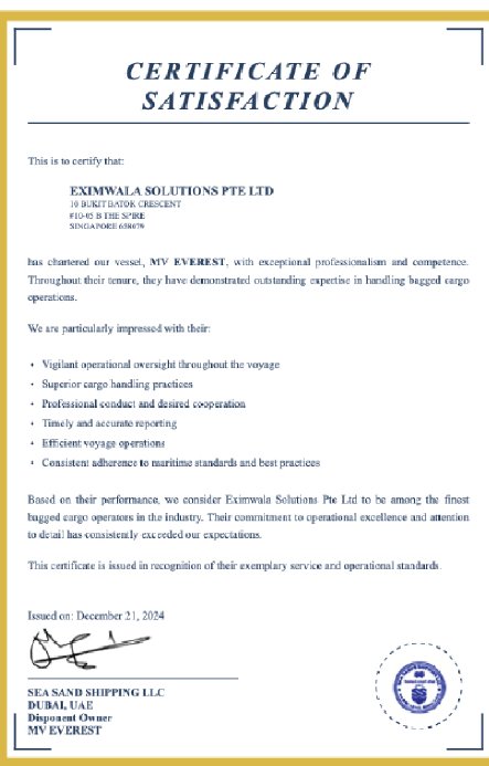 Certificate of satisfaction for MV Everest from Sea Sand Shipping LLC, Dubai, December 2024