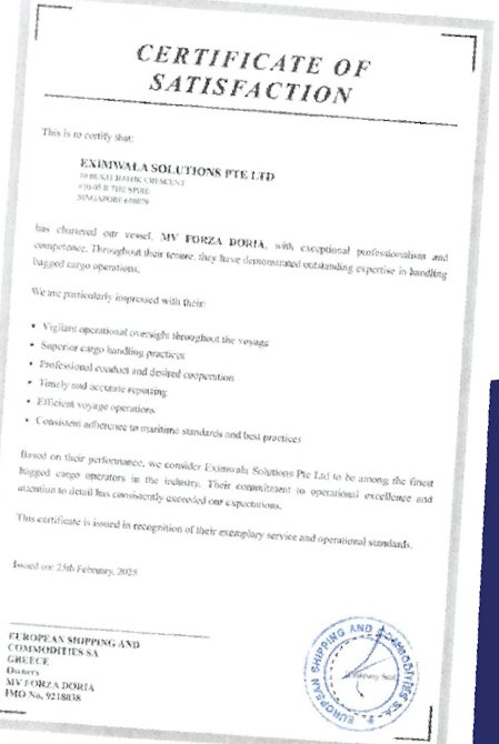 Certificate of satisfaction for MV Forza Doria from European Shipping and Commodities SA, Greece, February 2025