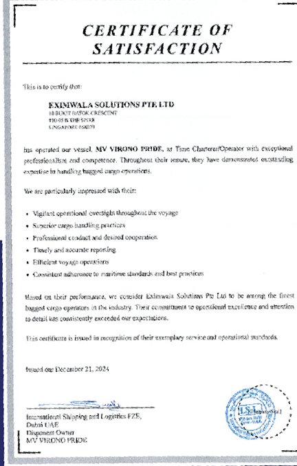 Certificate of satisfaction for MV Virono Pride from International Shipping and Logistics FZE, Dubai, December 2024